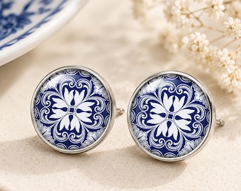 Azulejo Tile Stud Earrings Blue White Portuguese Delft Style Jewelry