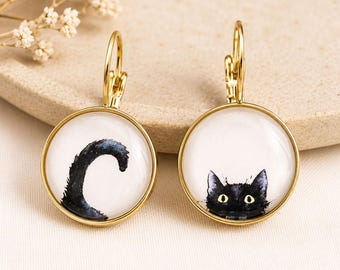 Mismatched Black Cat Earrings, Quirky Gift for Cat Lover