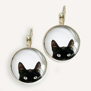 Peeking Black Cat Dangle Earrings: Funny Cat Lover Jewelry