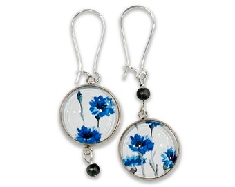 Asymmetrical Blue wild flower earrings, Wild flower jewelry, Floral Cabochon earrings, Botanical dangle earrings, Nature jewelry