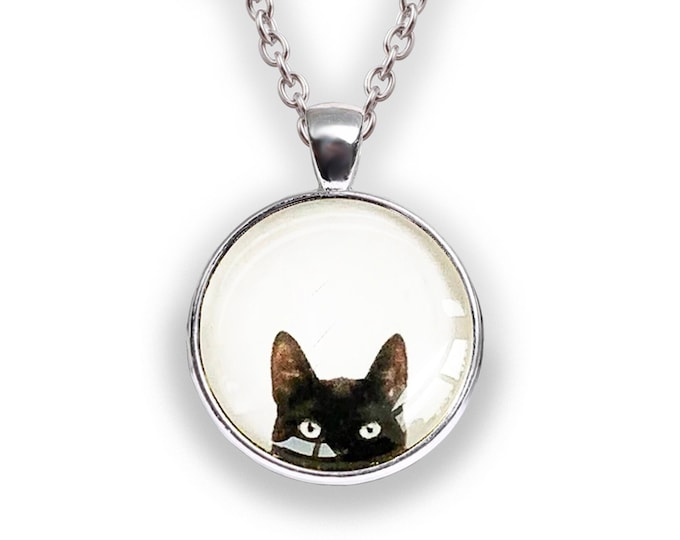 BLACK Cat necklace for women, Peeking cat necklace, Cat jewelry gift, Black cat pendant, Cat lover gifts, Jewelry with a cat