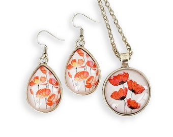 Poppy jewelry set, Matching necklace and earring set, Jewelry set for mom, Necklaces for women, Floral jewelry set for sister