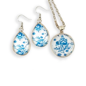 Delft Blau Blumen Schmuck Set: Holländische Hochzeitskette und Ohrringe