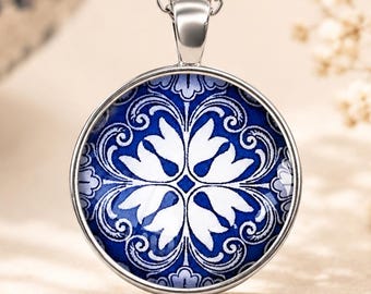 Blue Azulejo Tile Necklace Portuguese Ceramic Pendant Blue White Jewelry Gift for Her