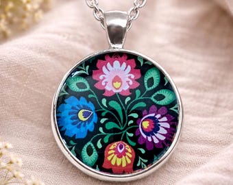 Polish Folk Necklace, Slavic Jewelry, Folk Art Pendant, Floral Necklace