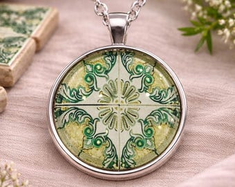 Green Azulejo Necklace Portuguese Tile Pendant Ceramic Jewelry Gift for Her