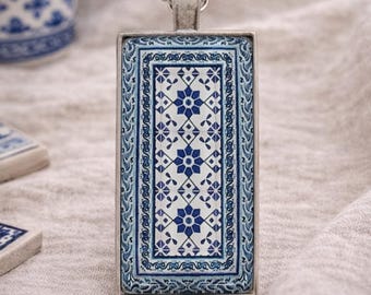 Portuguese Tile Necklace, Blue Azulejo Pendant, Rectangle Tile Jewelry, Mediterranean Gift