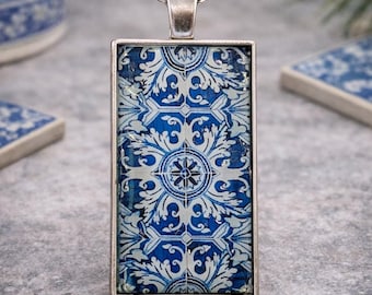 Portuguese Tile Necklace Blue Azulejo Jewelry Rectangular Pendant Gift for Her