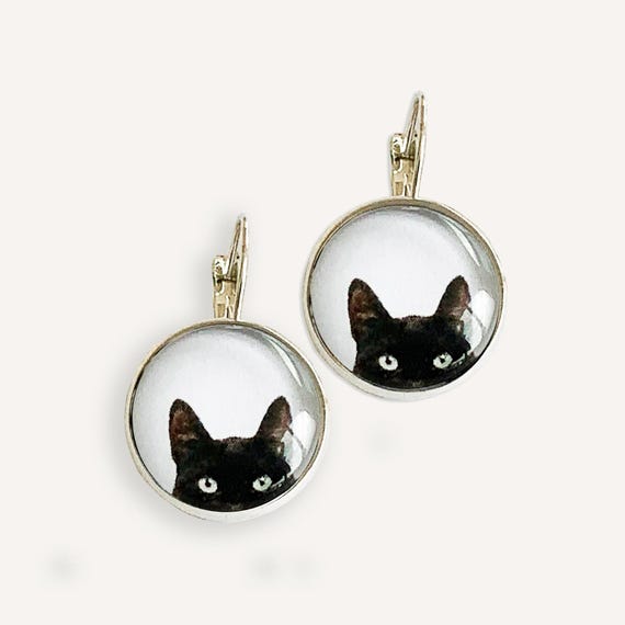 Peeking Black Cat Dangle Earrings: Funny Cat Lover Jewelry