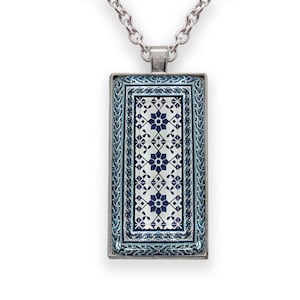 Vintage Portuguese Tile Necklace: Bronze or Silver Rectangle Pendant, Portuguese gifts