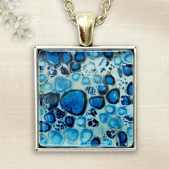 Blue Ocean Necklace Abstract Water Pendant Square Cabochon