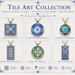 Puede incluir: Una colecci&oacute;n de seis collares con patrones inspirados en azulejos en colgantes cuadrados, redondos y rectangulares. El conjunto incluye dise&ntilde;os en azul, turquesa y verde con engastes en tono plateado y dorado, etiquetado como Tile Art Collection.