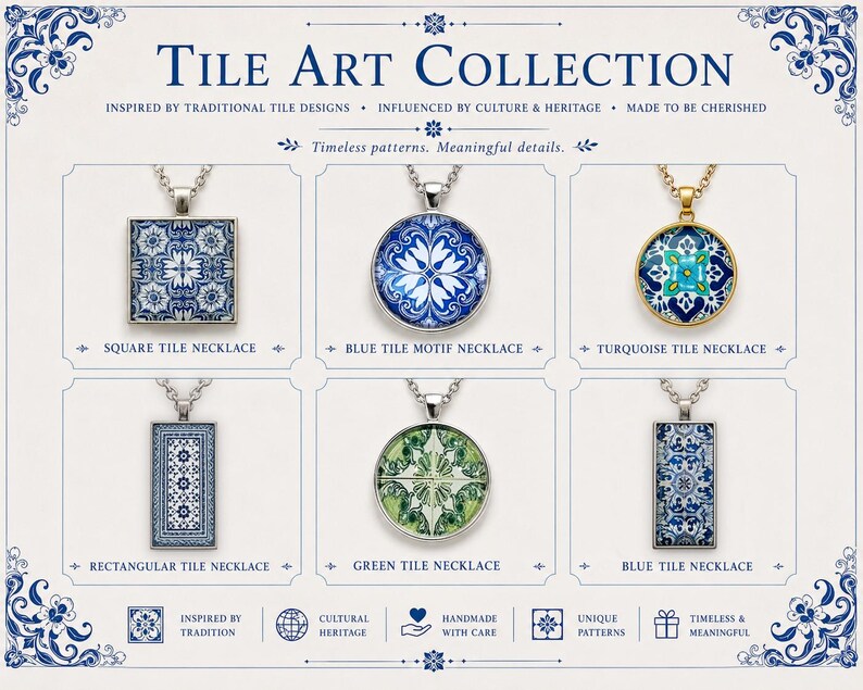 Puede incluir: Una colecci&oacute;n de seis collares con patrones inspirados en azulejos en colgantes cuadrados, redondos y rectangulares. El conjunto incluye dise&ntilde;os en azul, turquesa y verde con engastes en tono plateado y dorado, etiquetado como Tile Art Collection.