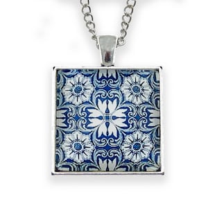 Portuguese Tile Necklace: Geometric Blue Floral Pendant