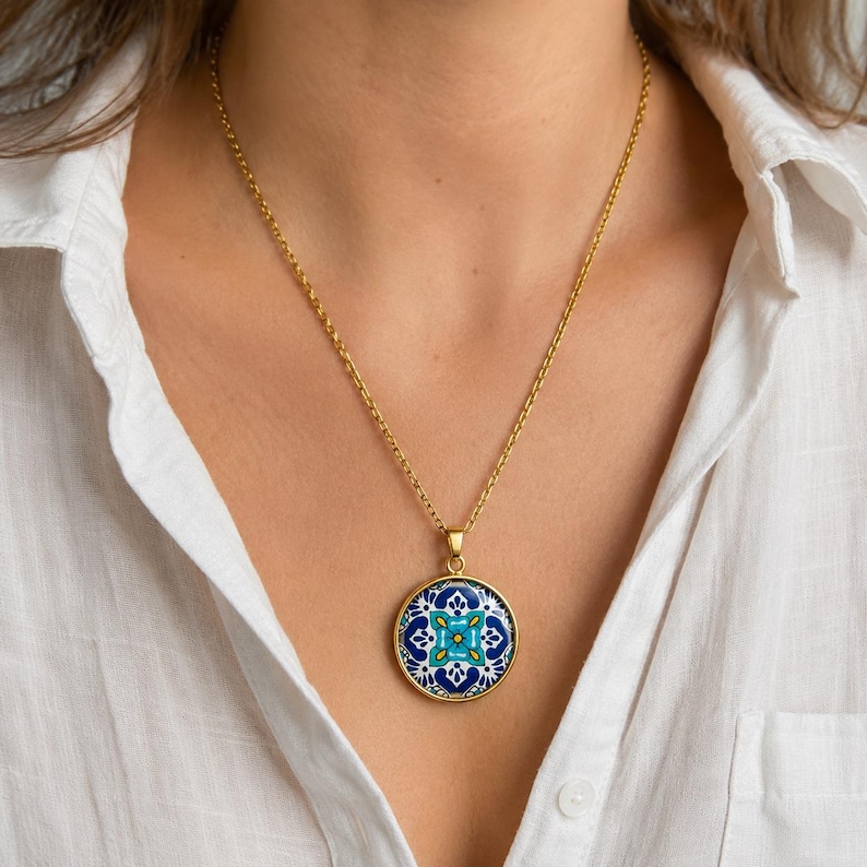 Azulejo Necklace Blue Tile Pendant Portuguese Ceramic Jewelry image 2