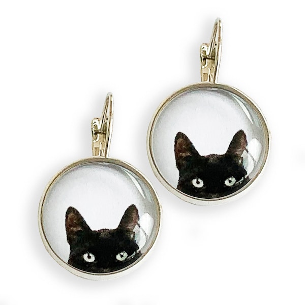Black Cat earrings dangle, Peeking Cat, Funny earrings, Cat lovers gifts, Black cat jewelry, Cat jewelry for women, Cat gifts for cat lovers