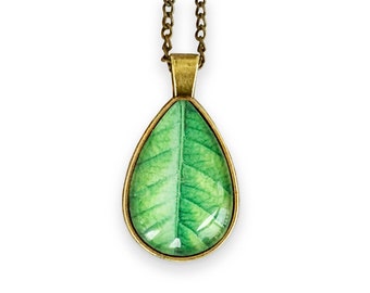 Collier avec feuille, collier avec vert, pendentif bijoux feuille, pendentif feuille d'arbre, collier bijoux nature, collier pendentif feuille verte