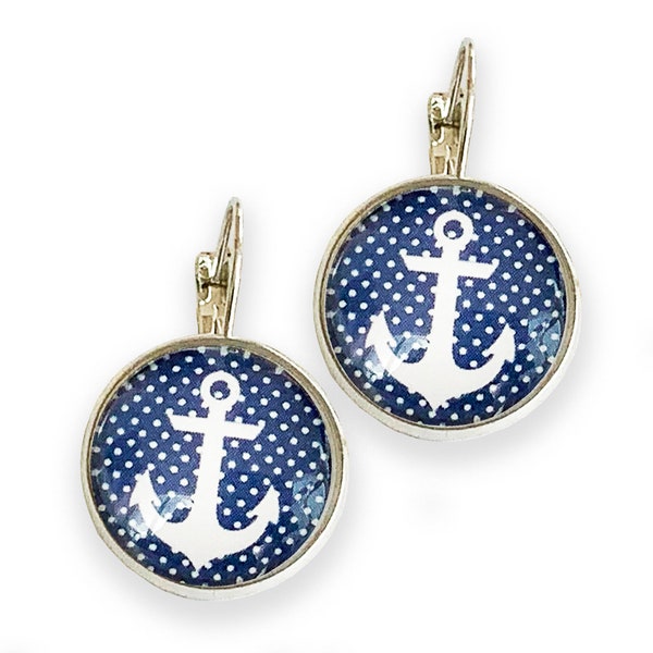 Anchor earrings, polka dots and glass dome cabochon, Maritime earrings, Marine earrings, Nautical Earrings, Anchor Jewelry, Nautical Jewelry
