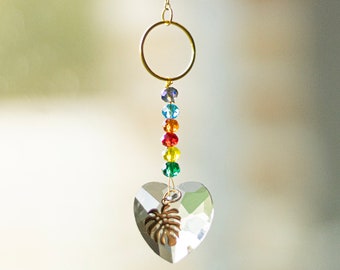 Heart suncatcher, Colorful suncatcher, Rainbow light catcher with charm, Window hanging crystal, Crystals protection, Light catcher heart