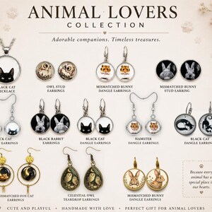 May include: A collection of jewelry featuring animal motifs, including a black cat necklace, various owl, bunny, hamster, and cat earrings in stud, dangle, and teardrop styles. The display includes text labels for each item and the title ANIMAL LOVERS COLLECTION.