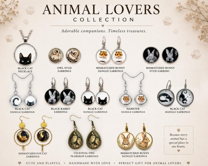 May include: A collection of jewelry featuring animal motifs, including a black cat necklace, various owl, bunny, hamster, and cat earrings in stud, dangle, and teardrop styles. The display includes text labels for each item and the title ANIMAL LOVERS COLLECTION.