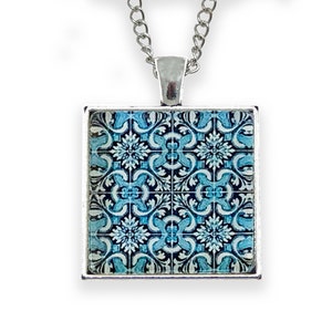Portuguese Tile Square Necklace: Geometric Pendant, Blue Jewelry