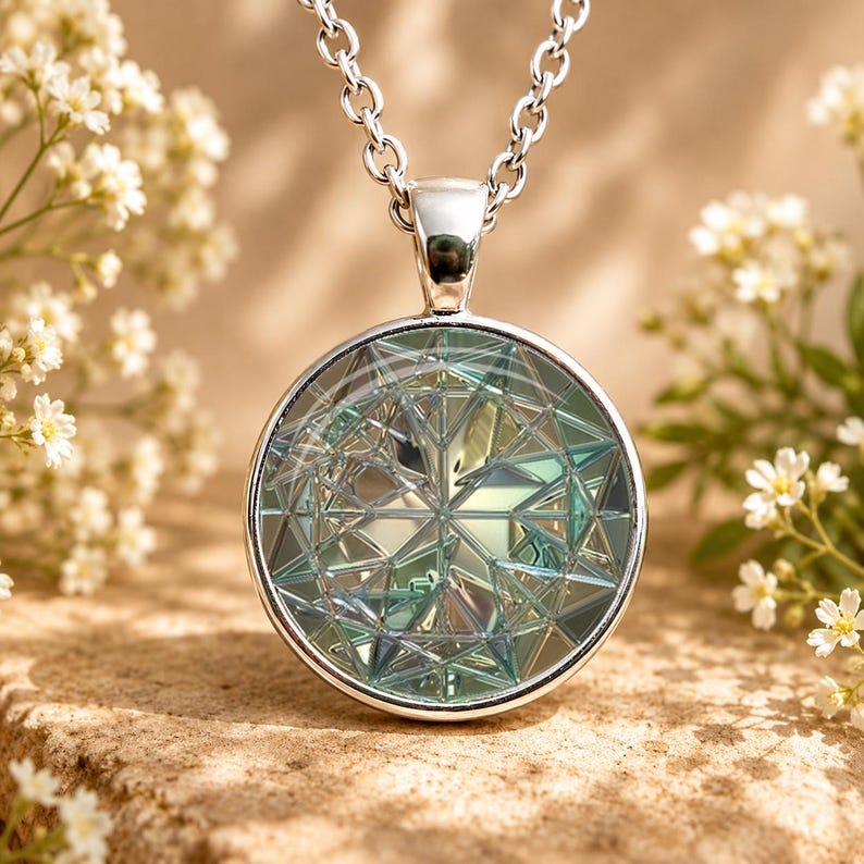 May include: A circular silver pendant necklace featuring a multifaceted, geometric glass insert with iridescent blue and green tones. The pendant is suspended from a silver chain, showcasing a complex, star-like pattern within the glass.