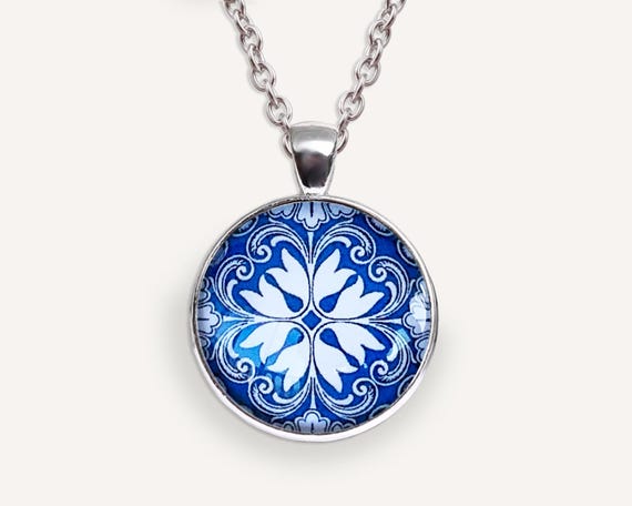 Spanish geometric tile necklace, Handmade blue pendant Mediterranean Design, Blue jewelry for women