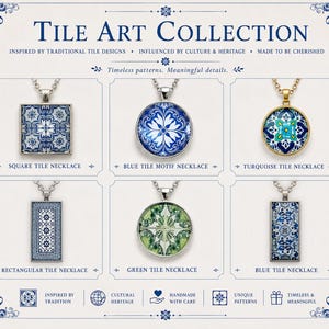 May include: A collection of six necklaces featuring tile-inspired patterns in blue, turquoise, and green. The display includes a square tile necklace, blue tile motif necklace, turquoise tile necklace, rectangular tile necklace, green tile necklace, and blue tile necklace.