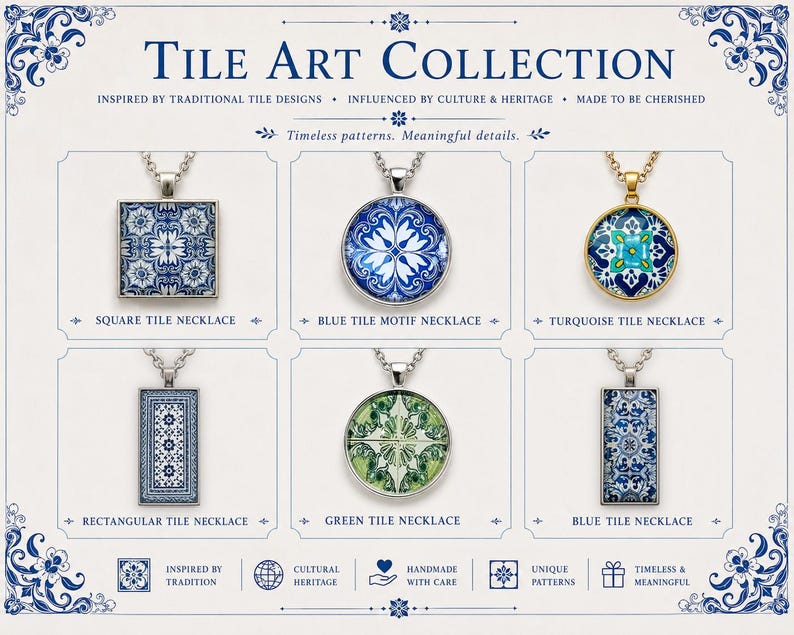 May include: A collection of six necklaces featuring tile-inspired patterns in blue, turquoise, and green. The display includes a square tile necklace, blue tile motif necklace, turquoise tile necklace, rectangular tile necklace, green tile necklace, and blue tile necklace.