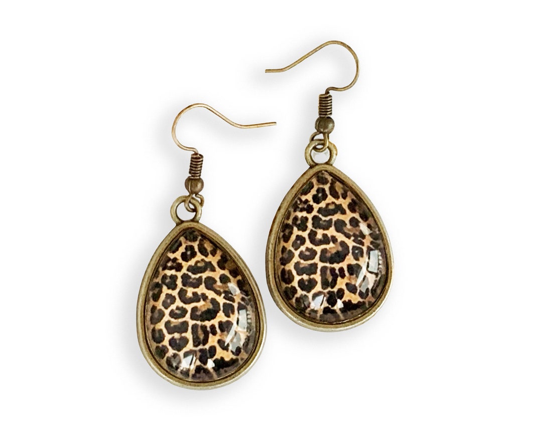 Boucles D'oreilles Pendantes Léopard Plaqué Or 18K - Cabochon Vert, Clous, Neuves Avec étiquette