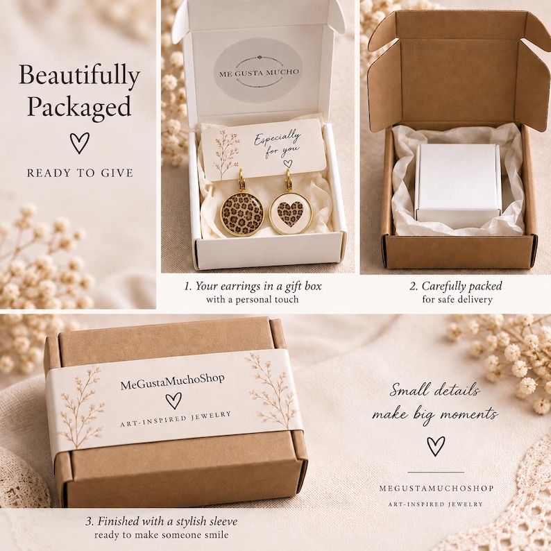 Puede incluir: Un par de pendientes redondos dorados con estampado de leopardo y forma de coraz&oacute;n, presentados en una caja de regalo blanca con una tarjeta que dice Especially for you y una funda con la etiqueta MeGustaMuchoShop Art-Inspired Jewelry.