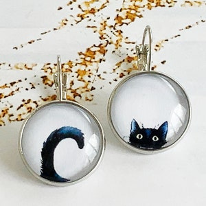 Laser Cut Acrylic Earrings Cat Lover Gift Black Cat Earrings with Sterling Silver Posts Black Glitter Cat Dangle Earrings
