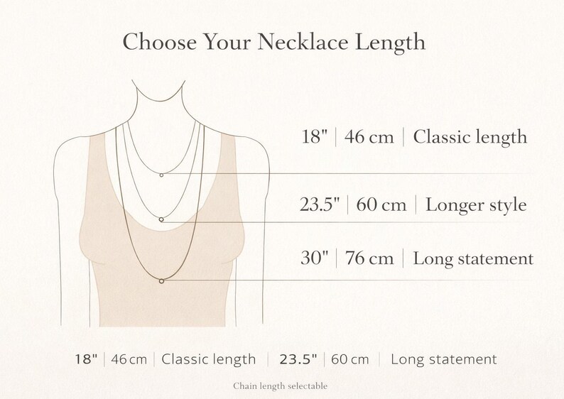May include: A diagram titled Choose Your Necklace Length showing three chain lengths on a torso outline. Options include 18 inches (46 cm) as classic length, 23.5 inches (60 cm) as longer style, and 30 inches (76 cm) as long statement. Chain length selectable.