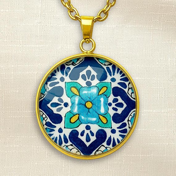 Blue Tile Necklace Azulejo Pendant Portuguese Floral Jewelry