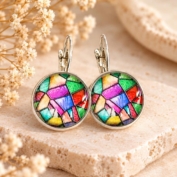 Colorful Mosaic Earrings, Broken Glass Inspired Dangles, Stained Tile Jewelry