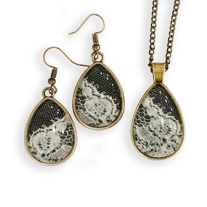 Regalo para el 13.º aniversario de bodas para ella: conjunto de joyas de encaje vintage, colgante y pendientes de encaje en forma de lágrima, collar de vidrio, collar de encaje hecho a mano