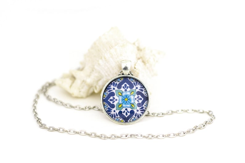 Azulejo Necklace Blue Tile Pendant Portuguese Ceramic Jewelry image 6