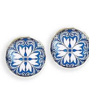 Blue Tile Stud Earrings: Portuguese Geometric Design