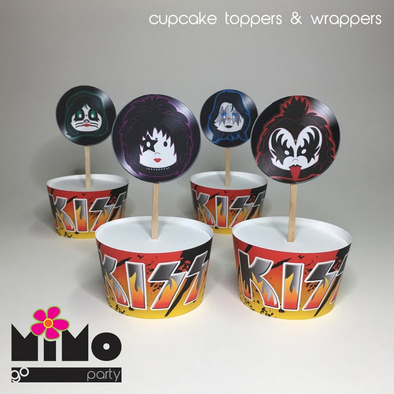 Kiss Band Cupcake toppers and wrappers. Retro Rock'n Roll Etsy