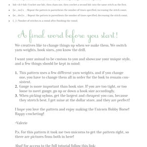 May include: A page from a crochet pattern for a unicorn hobby horse. The page includes instructions for decreasing stitches, a list of abbreviations, and a note from the designer about yarn weights and gauge. The text includes the phrase "A final word before you start!" and "Happy crocheting!"