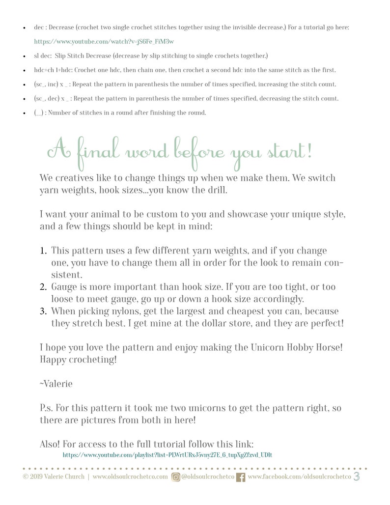 May include: A page from a crochet pattern for a unicorn hobby horse. The page includes instructions for decreasing stitches, a list of abbreviations, and a note from the designer about yarn weights and gauge. The text includes the phrase "A final word before you start!" and "Happy crocheting!"