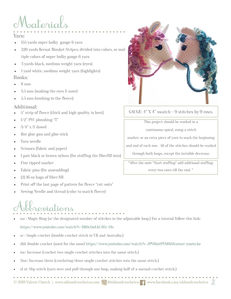 May include: A crochet pattern for making two unicorn amigurumi toys. The pattern includes instructions for making the unicorn heads, horns, manes, and tails. The pattern also includes instructions for making a dowel stick for the unicorn to stand on. The pattern is written in English and includes abbreviations for crochet stitches.