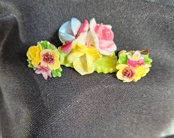 Antieke Denton Engelse keramische bloemenbroche en oorbellenset. Jaren 1920 schroefoorbellen. Kleurrijke bloemen voor elk seizoen. Geweldige staat.