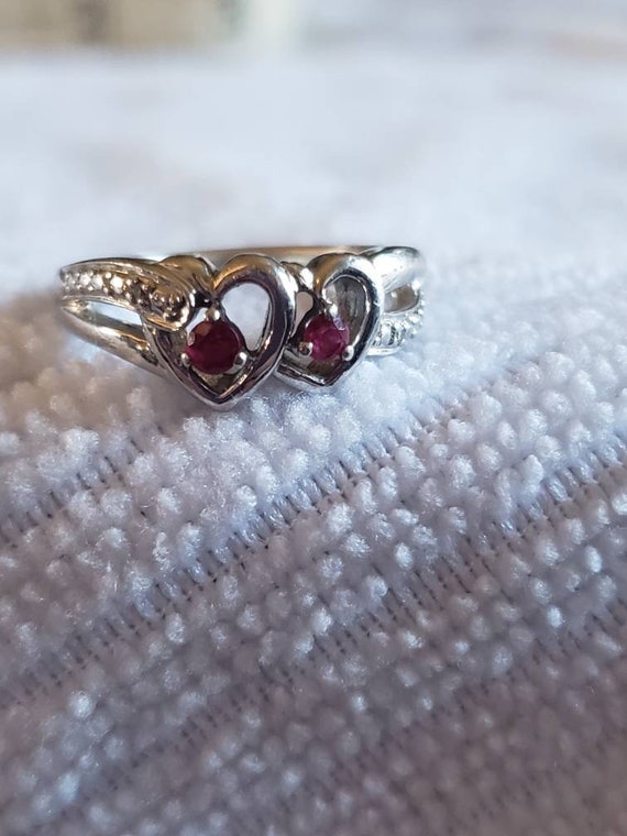 Double heart lab created Ruby ring in Silver. Thi… - image 3