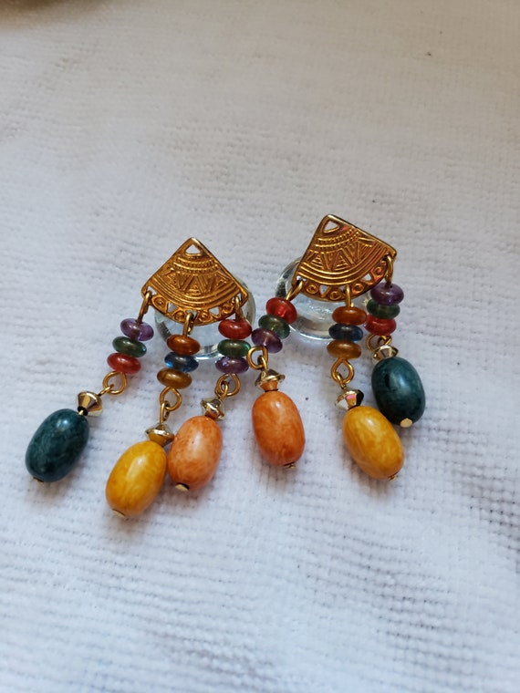 Handmade Beaded colorful drop earrings. Vintage 80