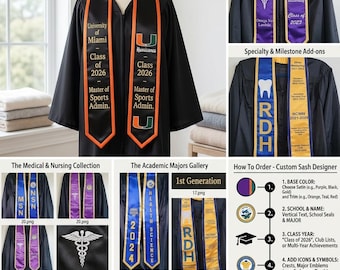May include: A black graduation gown featuring custom satin stoles with orange trim. The stoles display University of Miami branding, Class of 2026, and Master of Sports Admin text. Additional examples show various colors, medical symbols, and academic years.