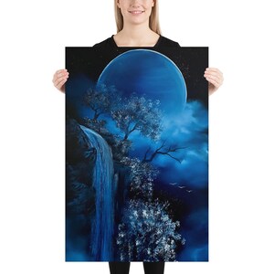 Poster Print - Blue Full Moon Waterfall Landscape by PaintWithJosh