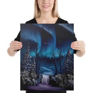 Canvas Print - Limited Edition - Blue Aurora Waterfall Mountain Landscape by PaintWithJosh