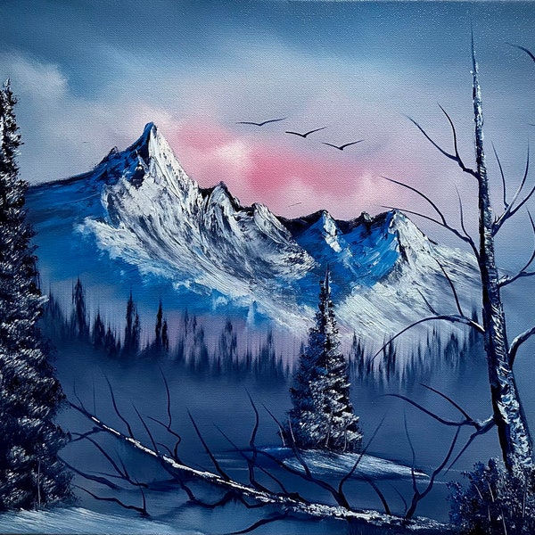 Painting 1223 - 18x24" Pro Series Canvas - Cold Blue Winter Landscape Oil Painting painted Live on TikTok on 3/21/24 by PaintWithJosh